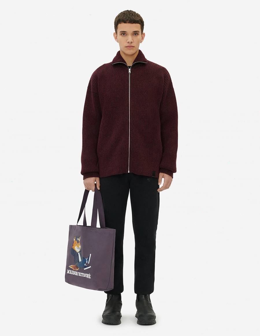 Burgundy Men's Maison Kitsune Plaited Rib Regular Zip Cardigan | AU-Q0293