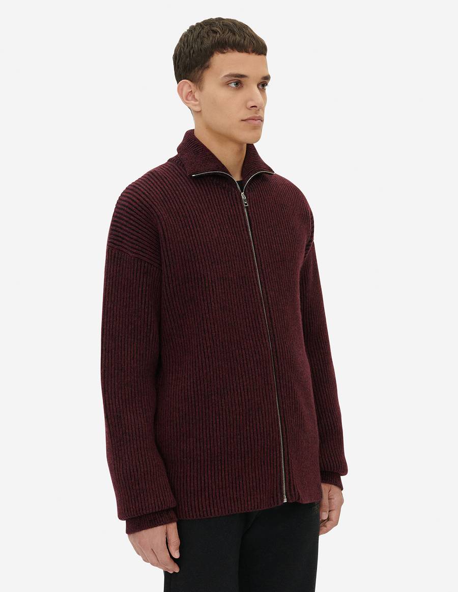 Burgundy Men's Maison Kitsune Plaited Rib Regular Zip Cardigan | AU-Q0293