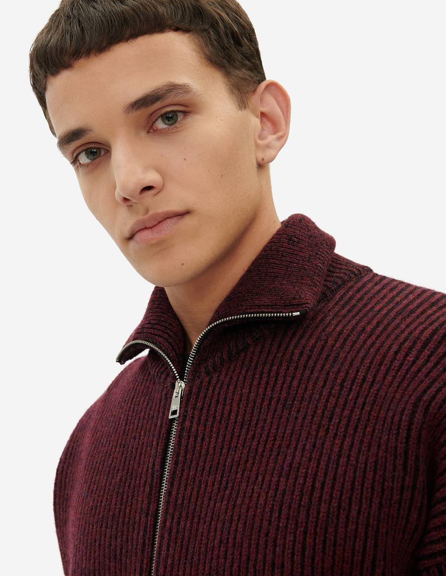 Burgundy Men's Maison Kitsune Plaited Rib Regular Zip Cardigan | AU-Q0293