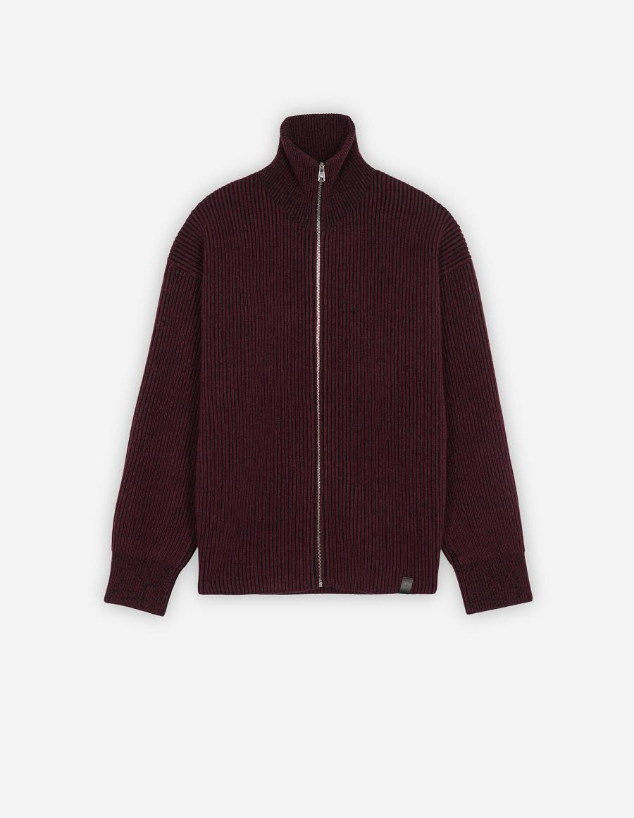 Burgundy Men\'s Maison Kitsune Plaited Rib Regular Zip Cardigan | AU-Q0293