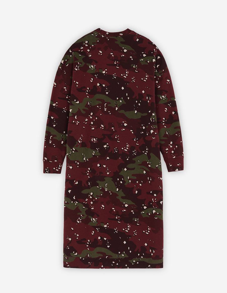 Burgundy Women's Maison Kitsune Camo Fox Long Sweat Dress | AU-Q0989