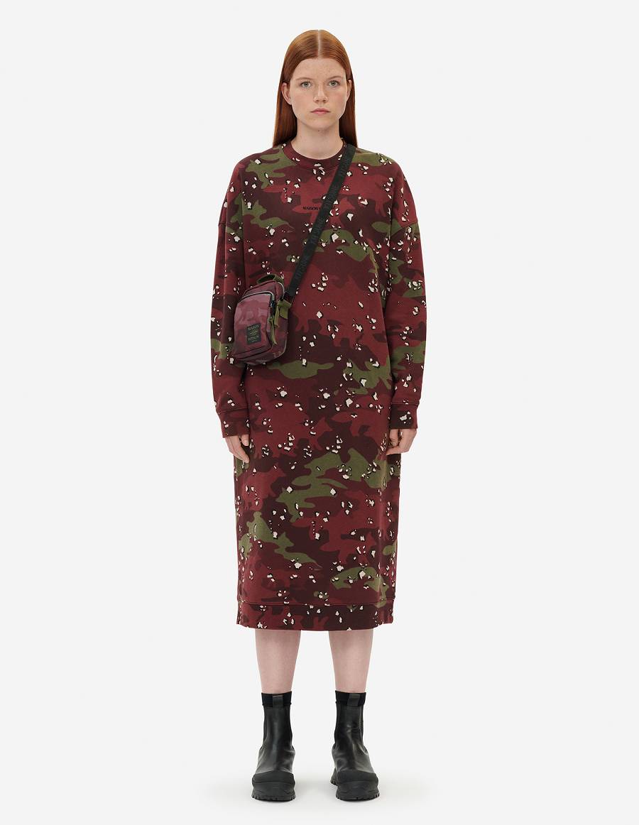 Burgundy Women's Maison Kitsune Camo Fox Long Sweat Dress | AU-Q0989