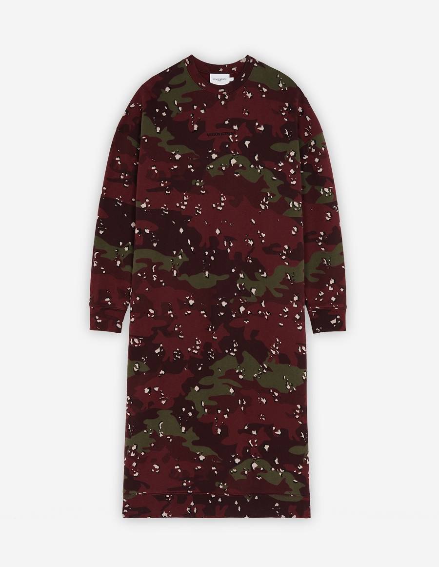 Burgundy Women\'s Maison Kitsune Camo Fox Long Sweat Dress | AU-Q0989