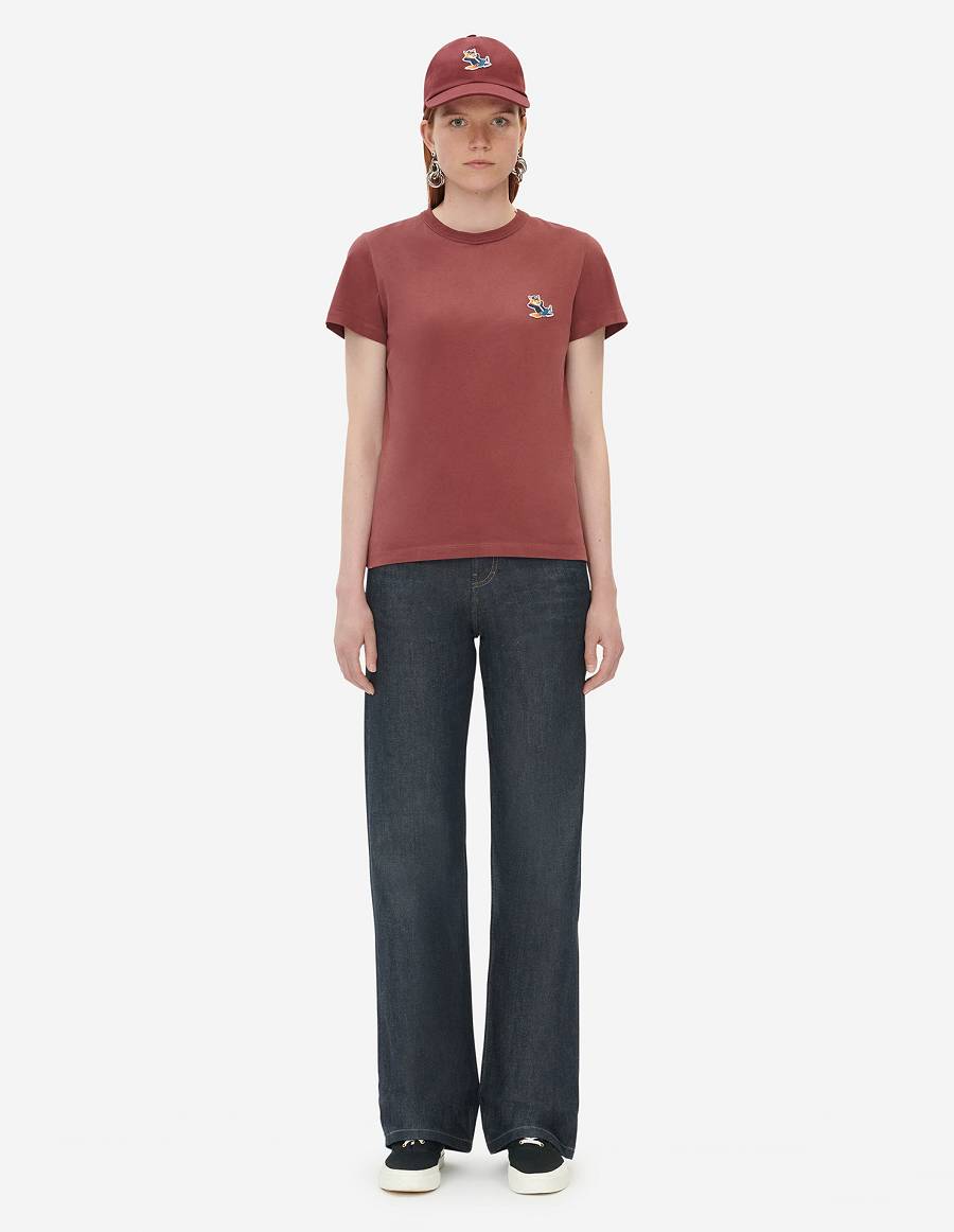 Burgundy Women's Maison Kitsune Dressed Fox Patch Classic T Shirts | AU-K0999