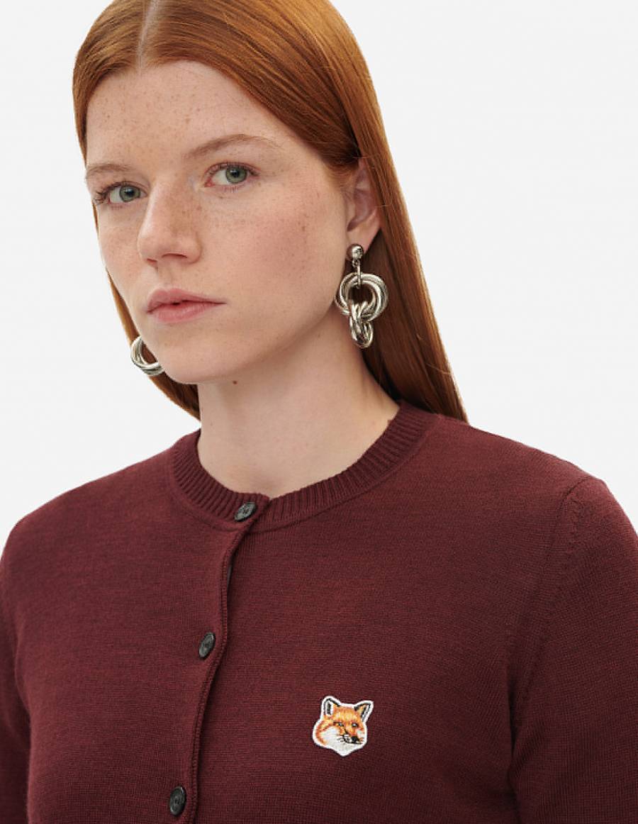 Burgundy Women's Maison Kitsune Fox Head Patch Adjusted R-neck Cardigan | AU-P0268