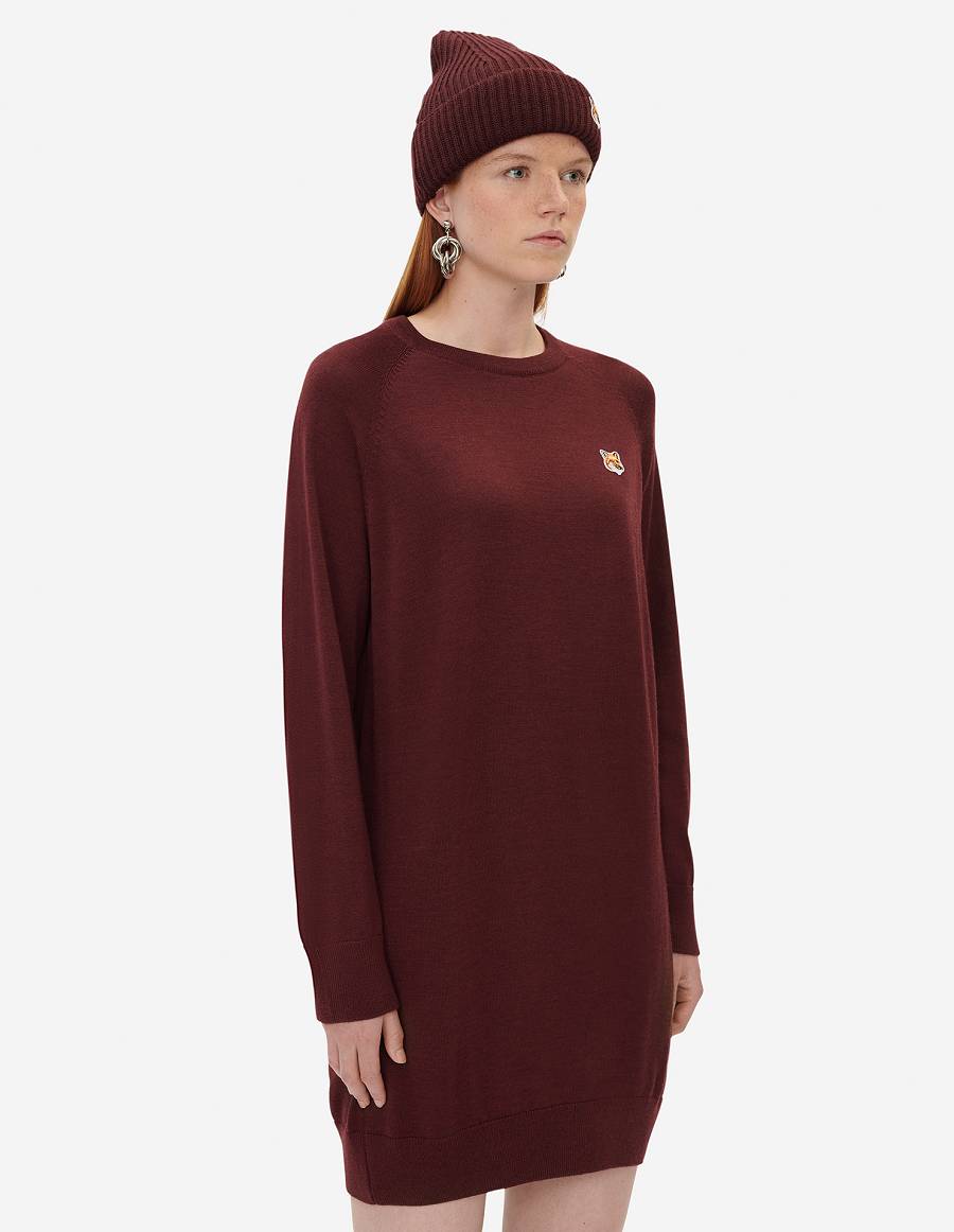 Burgundy Women's Maison Kitsune Fox Head Patch Jumper Dress Sweaters | AU-Q0873