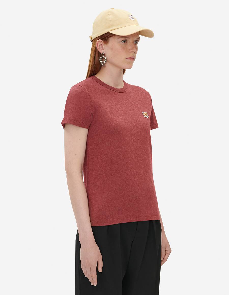 Burgundy Women's Maison Kitsune Fox Head Patch Classic T Shirts | AU-Q0M19