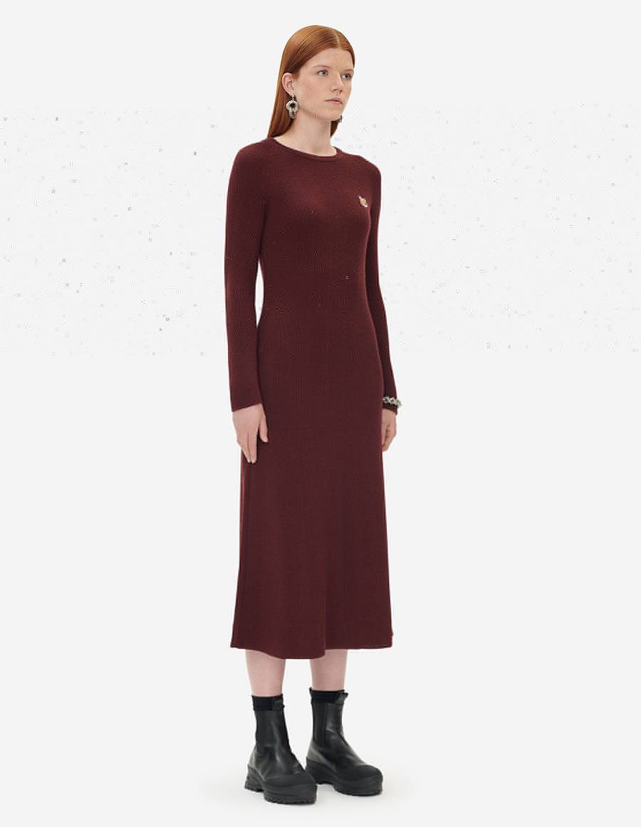 Burgundy Women's Maison Kitsune Fox Head Patch Long Flared Dress | AU-Q0M48