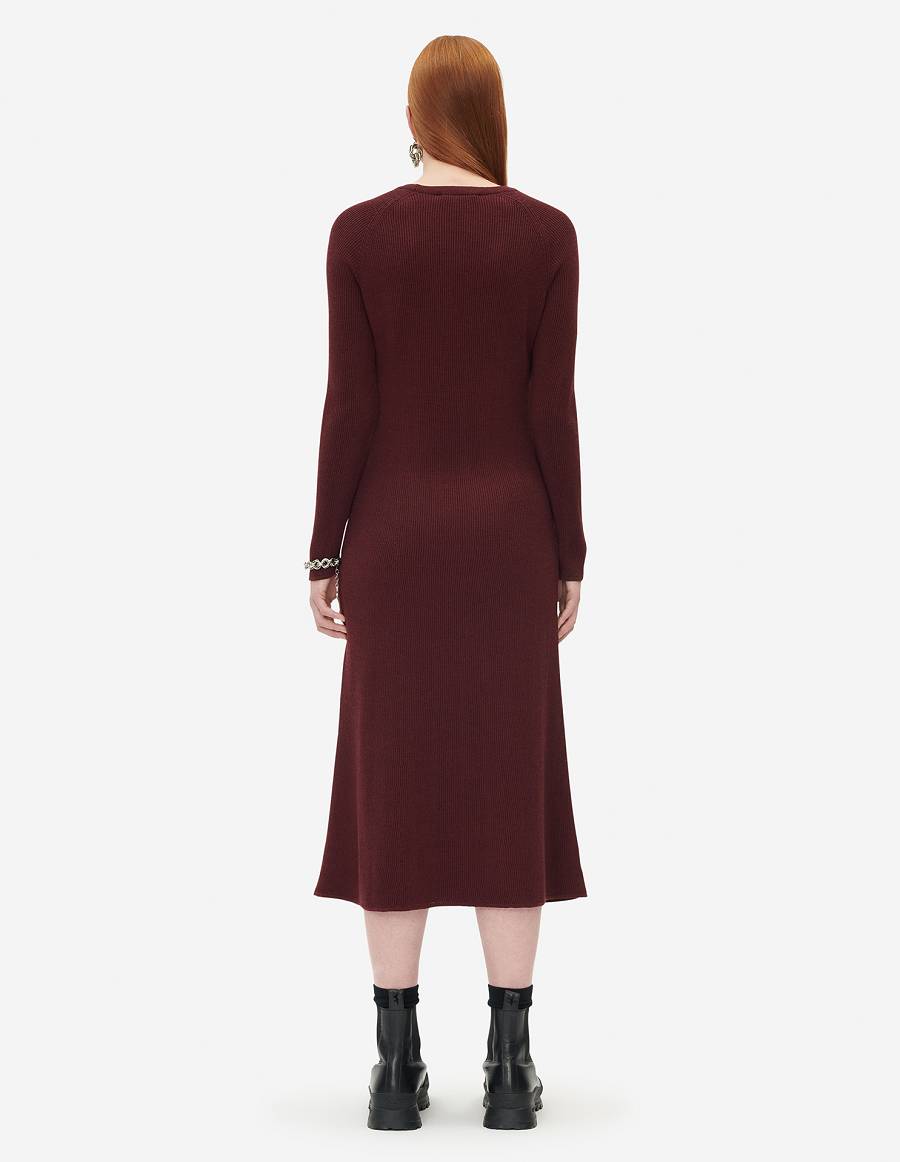 Burgundy Women's Maison Kitsune Fox Head Patch Long Flared Dress | AU-Q0M48