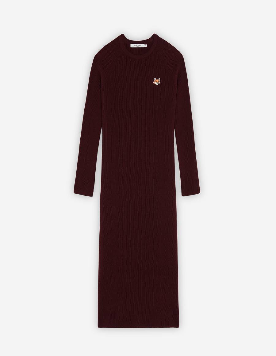 Burgundy Women\'s Maison Kitsune Fox Head Patch Long Flared Dress | AU-Q0M48