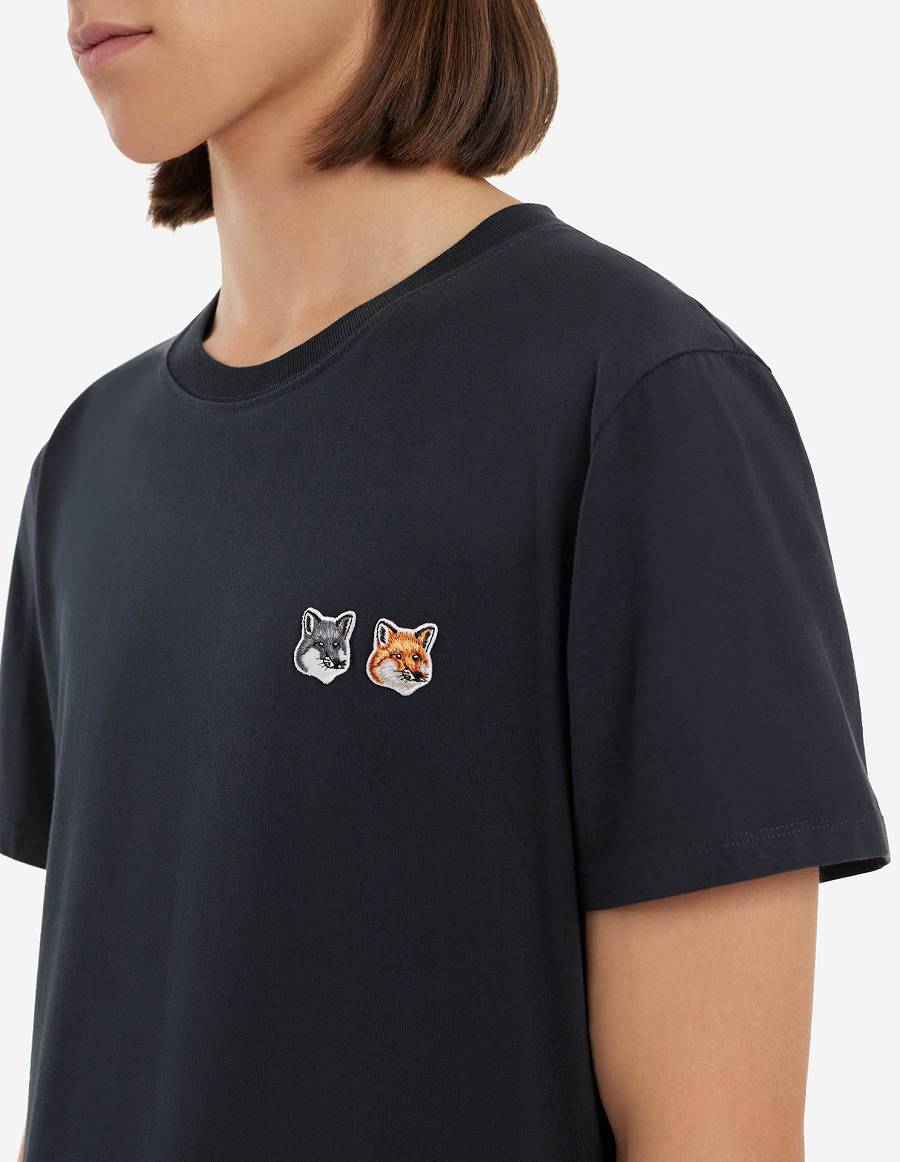 Dark Grey Men's Maison Kitsune Double Fox Head Patch Classic T Shirts | AU-S0536