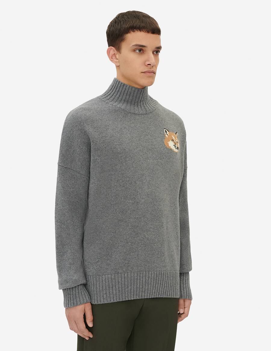 Dark Grey Men's Maison Kitsune Fox Head Oversize High Neck Sweaters | AU-C0318