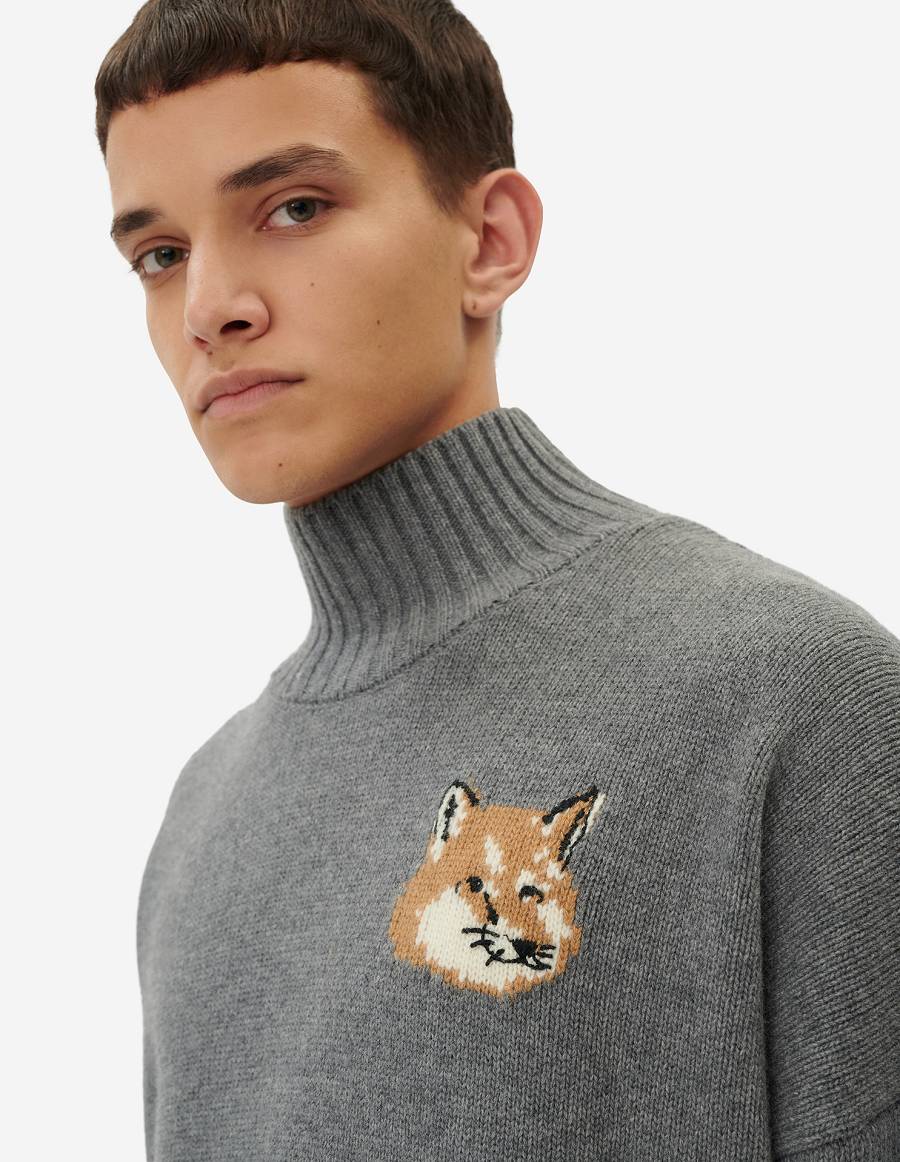 Dark Grey Men's Maison Kitsune Fox Head Oversize High Neck Sweaters | AU-C0318