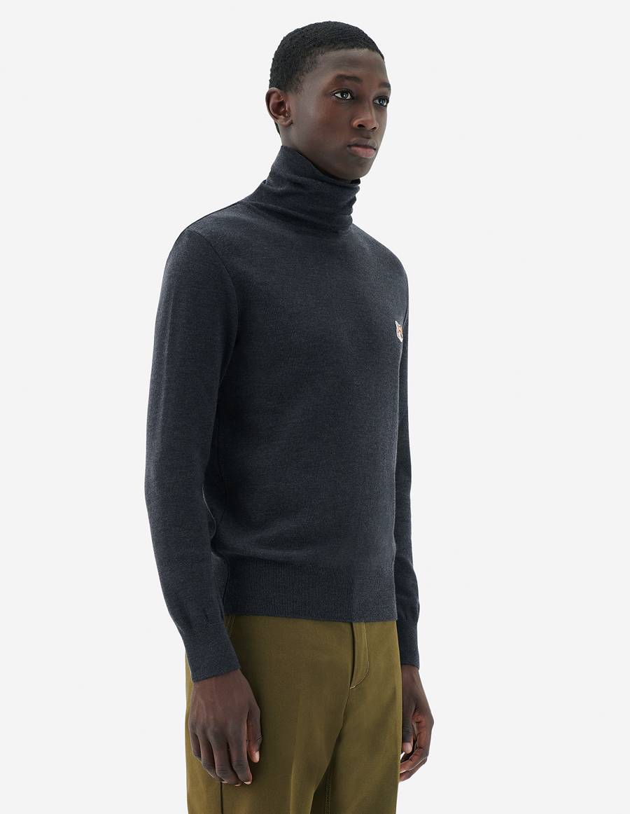 Dark Grey Men's Maison Kitsune Fox Head Patch Turtleneck Sweaters | AU-K0244