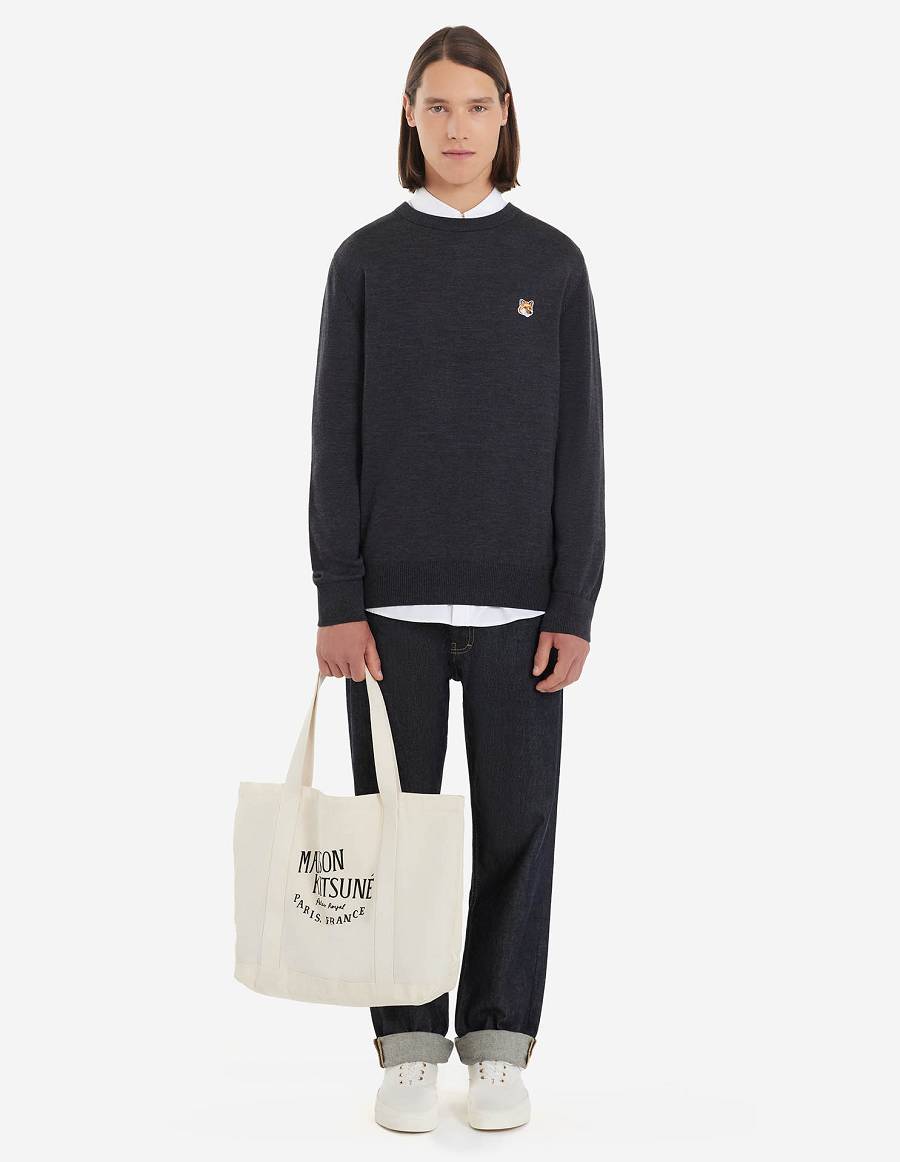 Dark Grey Men's Maison Kitsune Fox Head Patch Regular R-neck Jumper Sweaters | AU-M0921