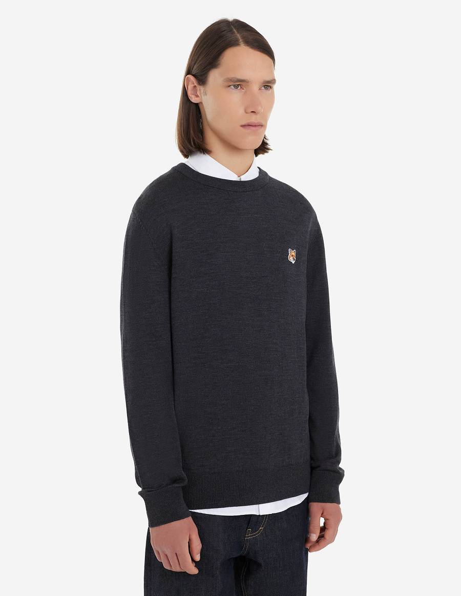 Dark Grey Men's Maison Kitsune Fox Head Patch Regular R-neck Jumper Sweaters | AU-M0921