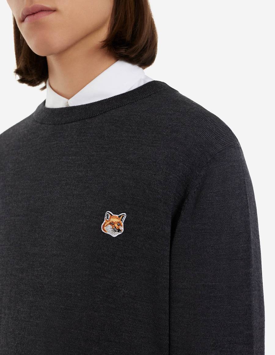 Dark Grey Men's Maison Kitsune Fox Head Patch Regular R-neck Jumper Sweaters | AU-M0921