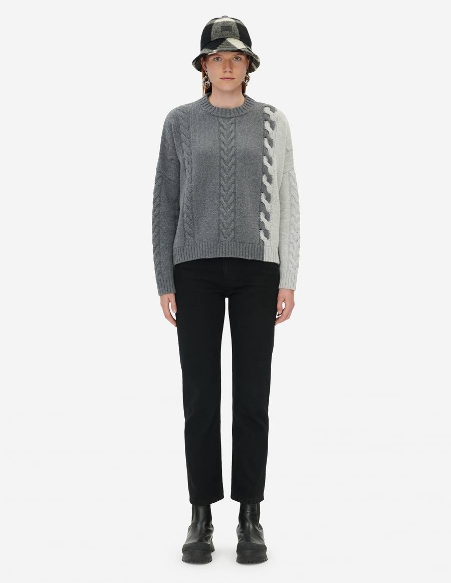 Dark Grey Women's Maison Kitsune Bi-color Cable Sweaters | AU-F0828