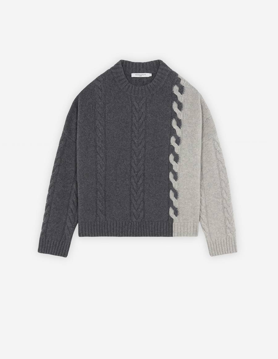 Dark Grey Women\'s Maison Kitsune Bi-color Cable Sweaters | AU-F0828