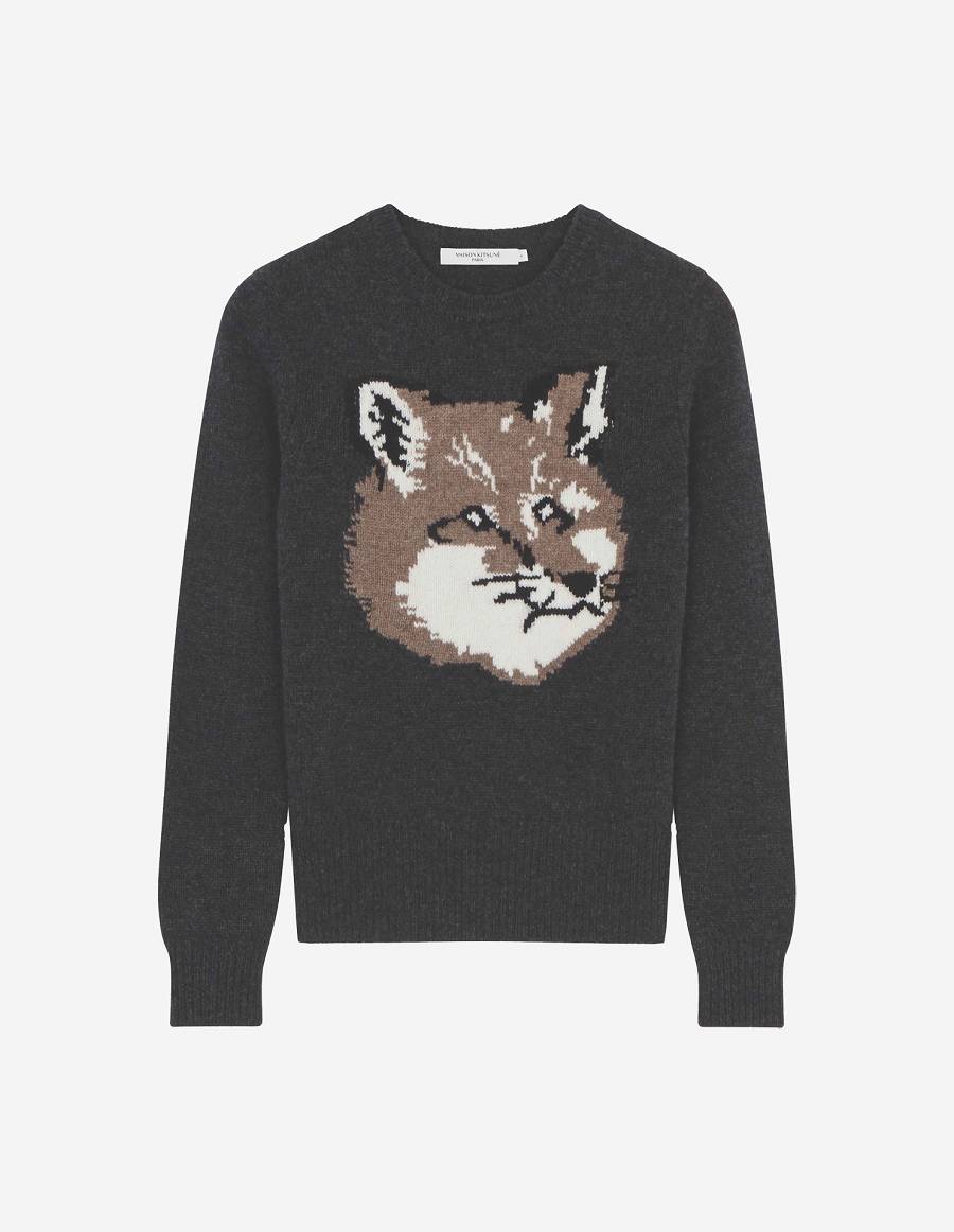 Dark Grey Women\'s Maison Kitsune Big Fox Head Sweaters | AU-M0892