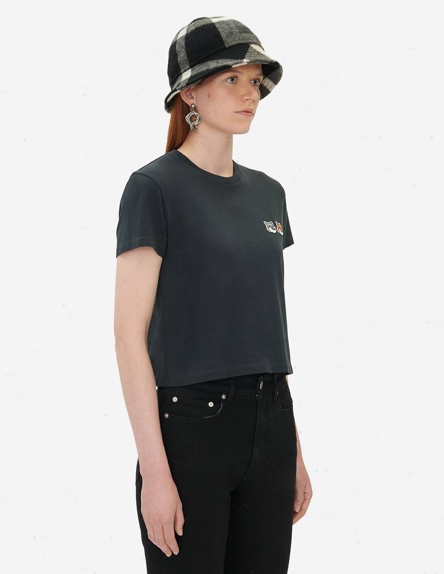 Dark Grey Women's Maison Kitsune Double Fox Head Patch Cropped T Shirts | AU-C0985