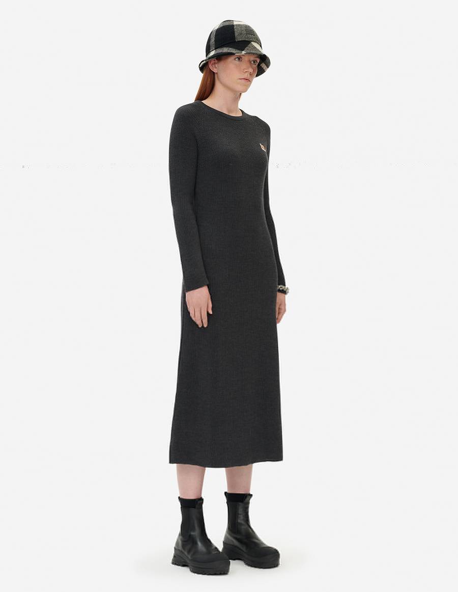 Dark Grey Women's Maison Kitsune Fox Head Patch Long Flared Dress | AU-O1363