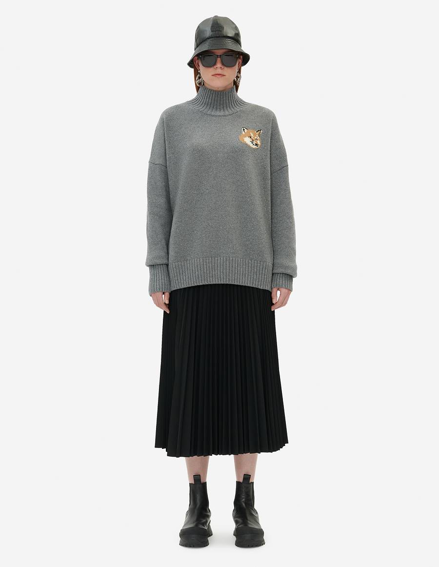 Dark Grey Women's Maison Kitsune Fox Head Oversize High Neck Sweaters | AU-S0183