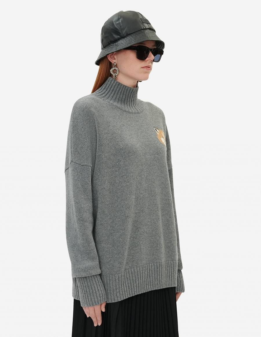 Dark Grey Women's Maison Kitsune Fox Head Oversize High Neck Sweaters | AU-S0183