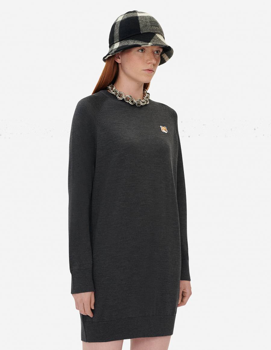 Dark Grey Women's Maison Kitsune Fox Head Patch Jumper Dress Sweaters | AU-S0M54