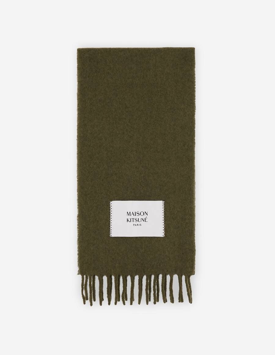 Dark Khaki Men\'s Maison Kitsune Plain Fringed Scarf | AU-C0260