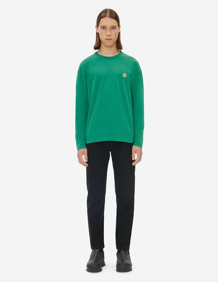 Deep Green Men's Maison Kitsune Fox Head Patch Regular Long-sleeved T Shirts | AU-O1943