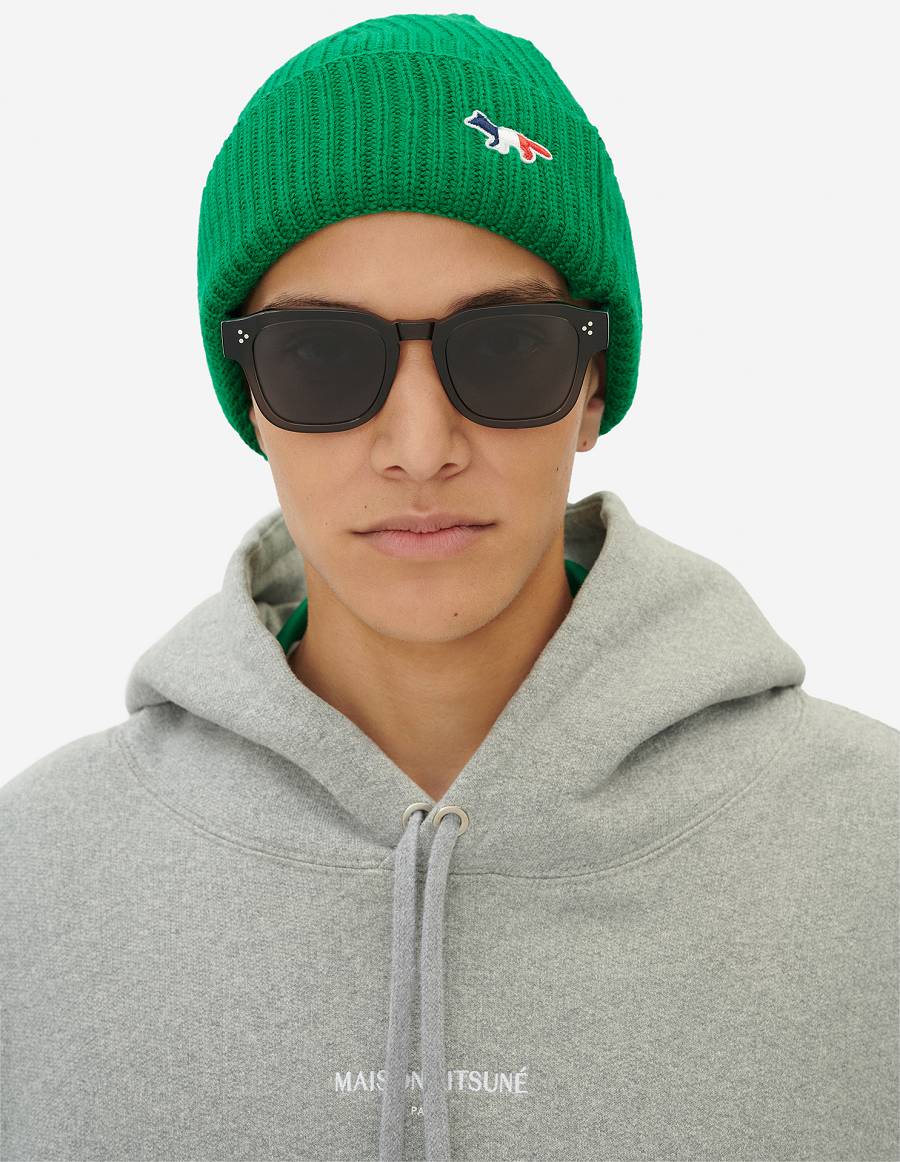 Deep Green Women's Maison Kitsune Tricolor Fox Patch Rib Hats | AU-E0265