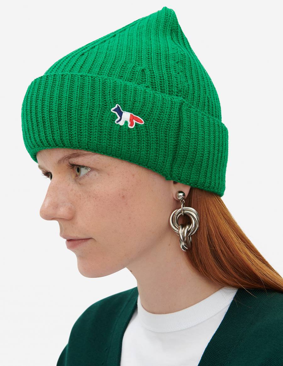 Deep Green Women's Maison Kitsune Tricolor Fox Patch Rib Hats | AU-E0265