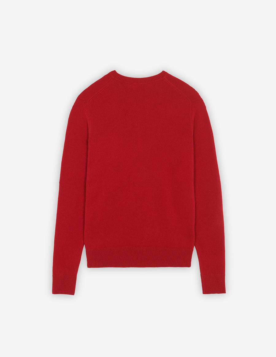 Deep Red Men's Maison Kitsune Baby Fox Patch Cosy R-neck Sweaters | AU-S0M59