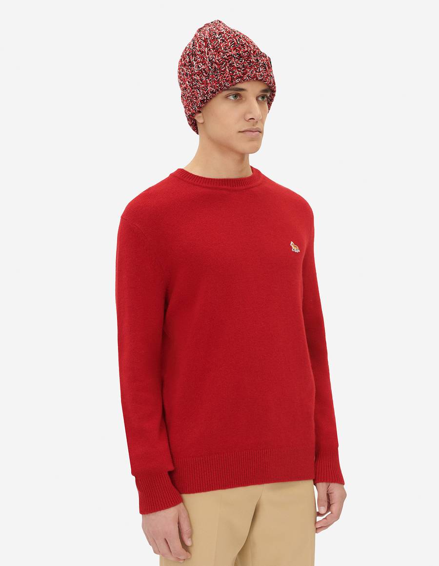 Deep Red Men's Maison Kitsune Baby Fox Patch Cosy R-neck Sweaters | AU-S0M59