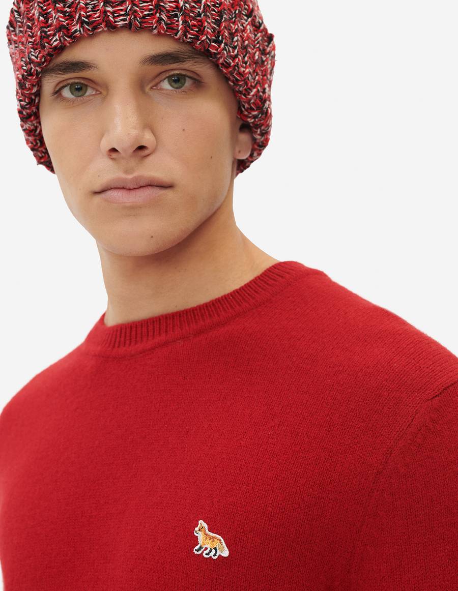 Deep Red Men's Maison Kitsune Baby Fox Patch Cosy R-neck Sweaters | AU-S0M59