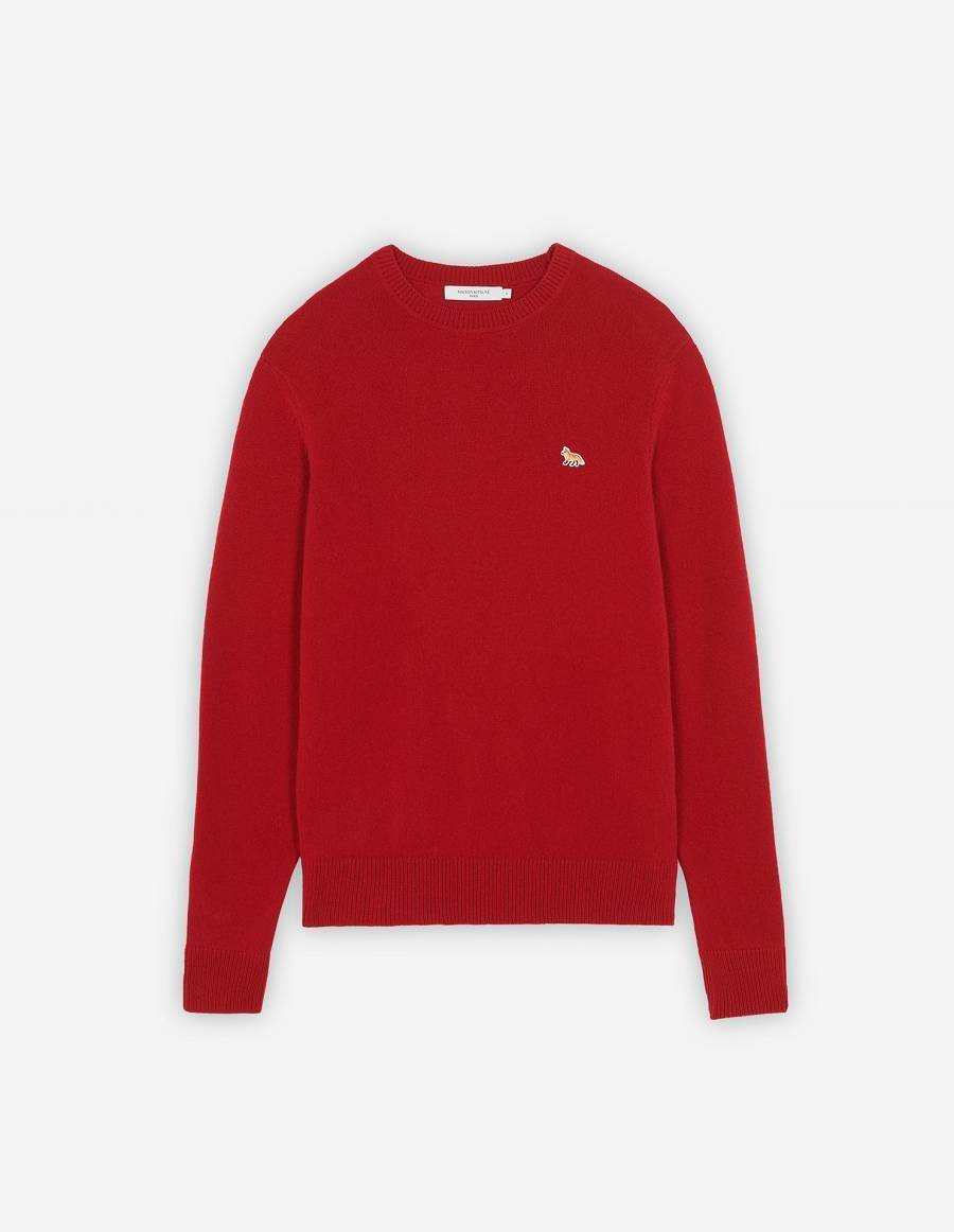 Deep Red Men\'s Maison Kitsune Baby Fox Patch Cosy R-neck Sweaters | AU-S0M59