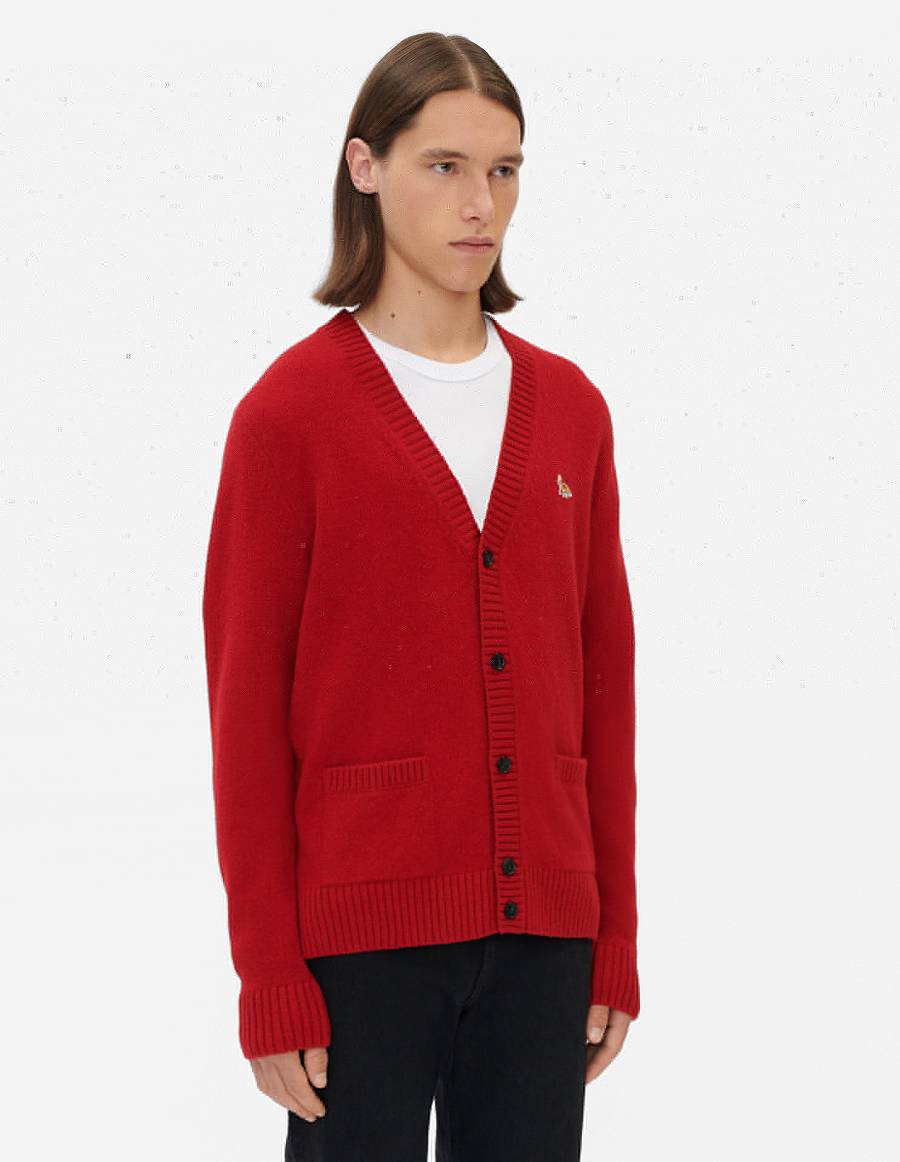 Deep Red Men's Maison Kitsune Baby Fox Patch Cosy Cardigan | AU-U0847