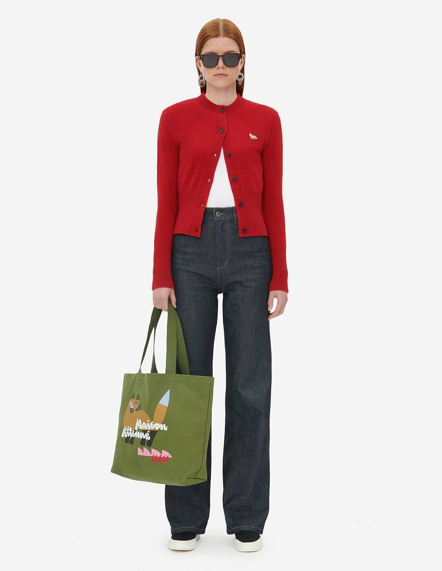 Deep Red Women's Maison Kitsune Baby Fox Patch R-neck Fitted Cardigan | AU-S0246