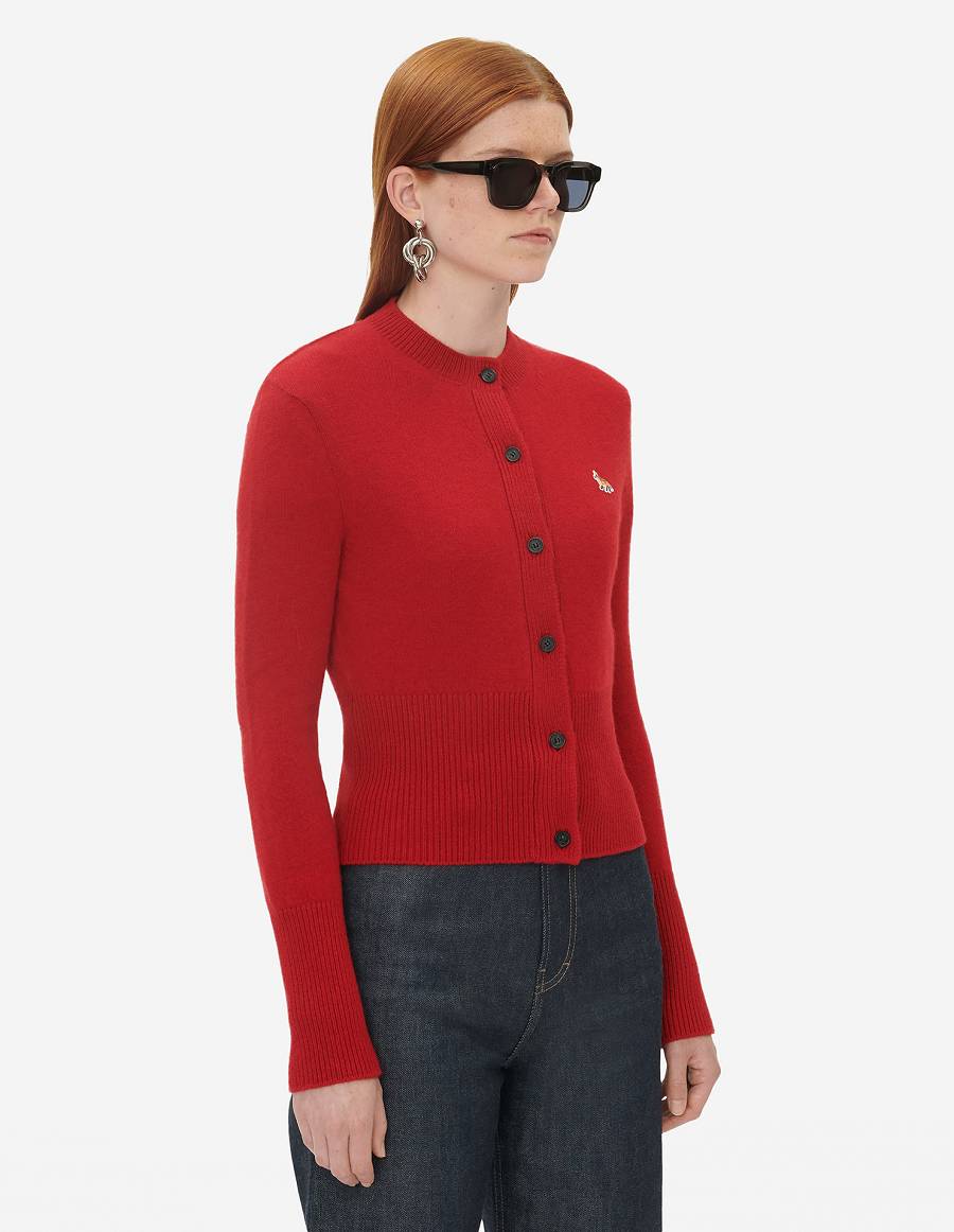 Deep Red Women's Maison Kitsune Baby Fox Patch R-neck Fitted Cardigan | AU-S0246