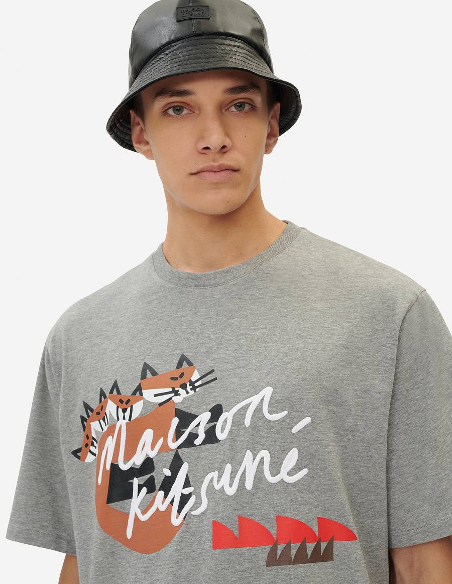 Grey Men's Maison Kitsune Bill Rebholz Handwriting Easy T Shirts | AU-H0801