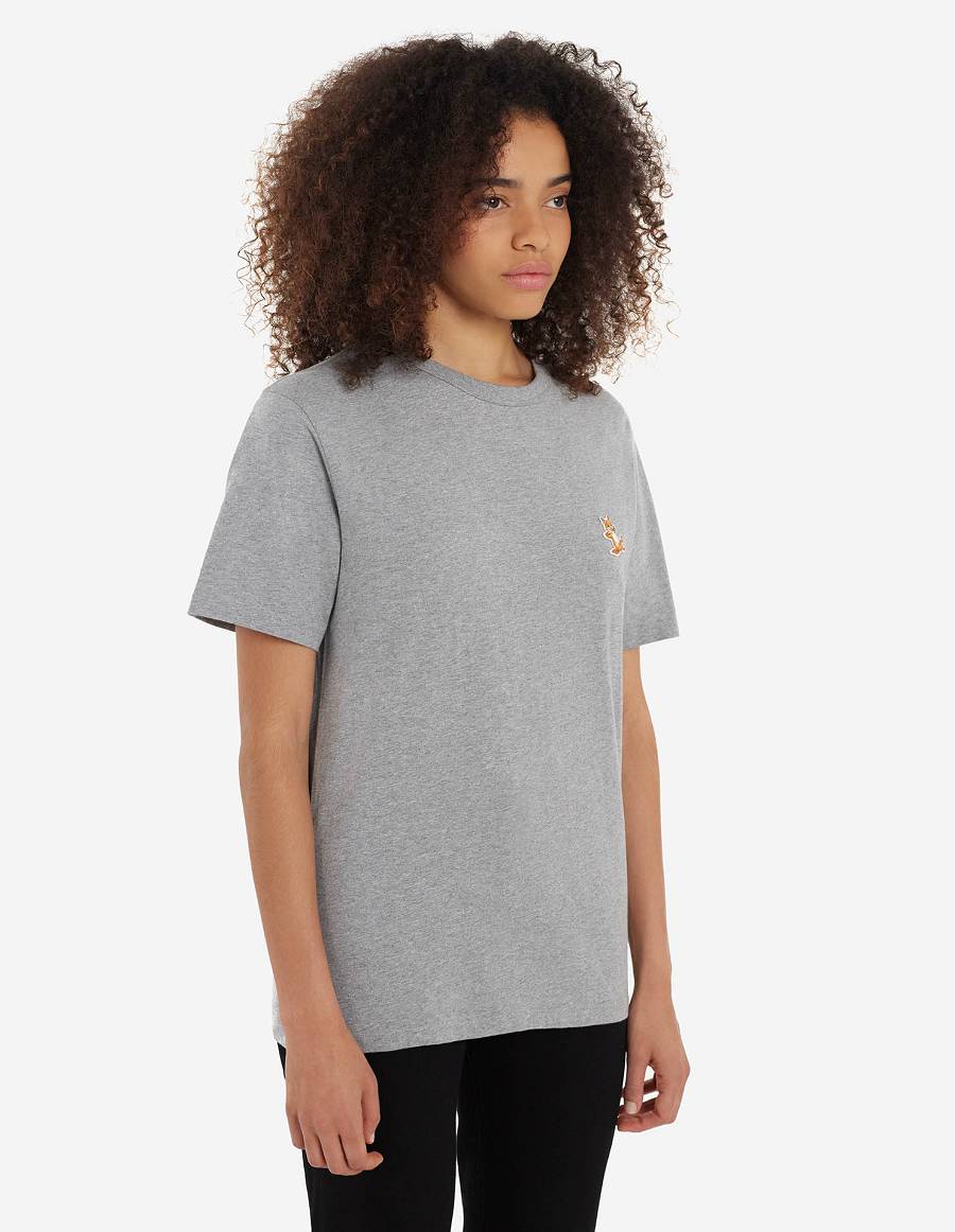 Grey Men's Maison Kitsune Chillax Fox Patch Classic T Shirts | AU-E0M49