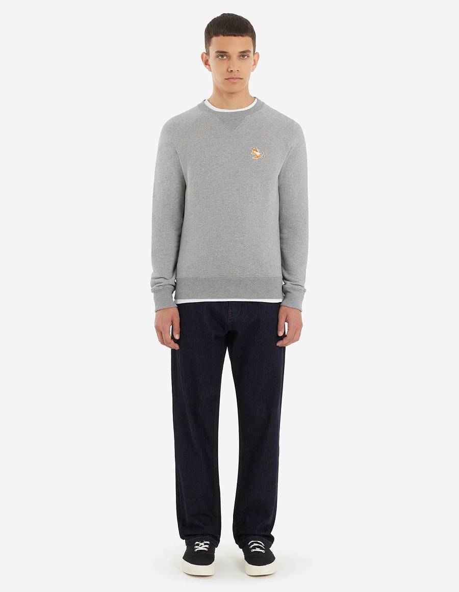 Grey Men's Maison Kitsune Chillax Fox Patch Classic Sweatshirts | AU-Q0659