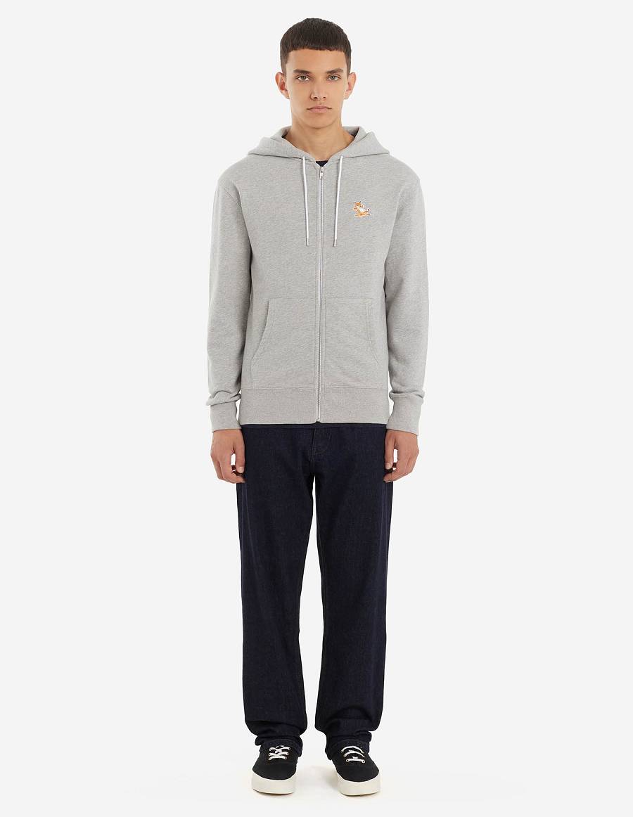 Grey Men's Maison Kitsune Chillax Fox Patch Zipped Hoodies | AU-Y0817