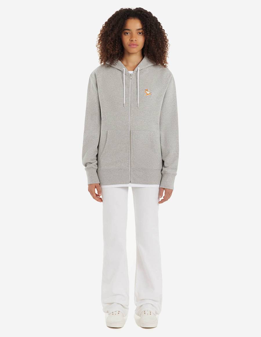 Grey Men's Maison Kitsune Chillax Fox Patch Zipped Hoodies | AU-Y0817