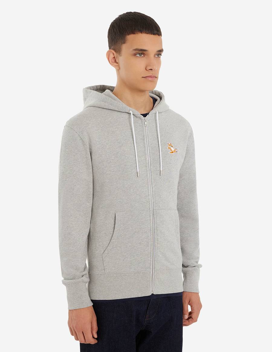 Grey Men's Maison Kitsune Chillax Fox Patch Zipped Hoodies | AU-Y0817