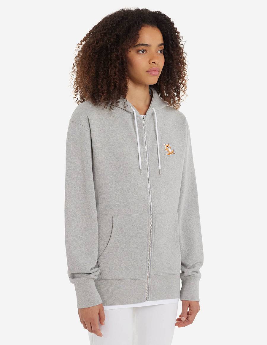 Grey Men's Maison Kitsune Chillax Fox Patch Zipped Hoodies | AU-Y0817