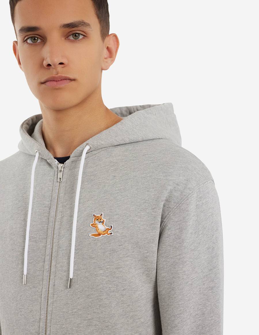 Grey Men's Maison Kitsune Chillax Fox Patch Zipped Hoodies | AU-Y0817