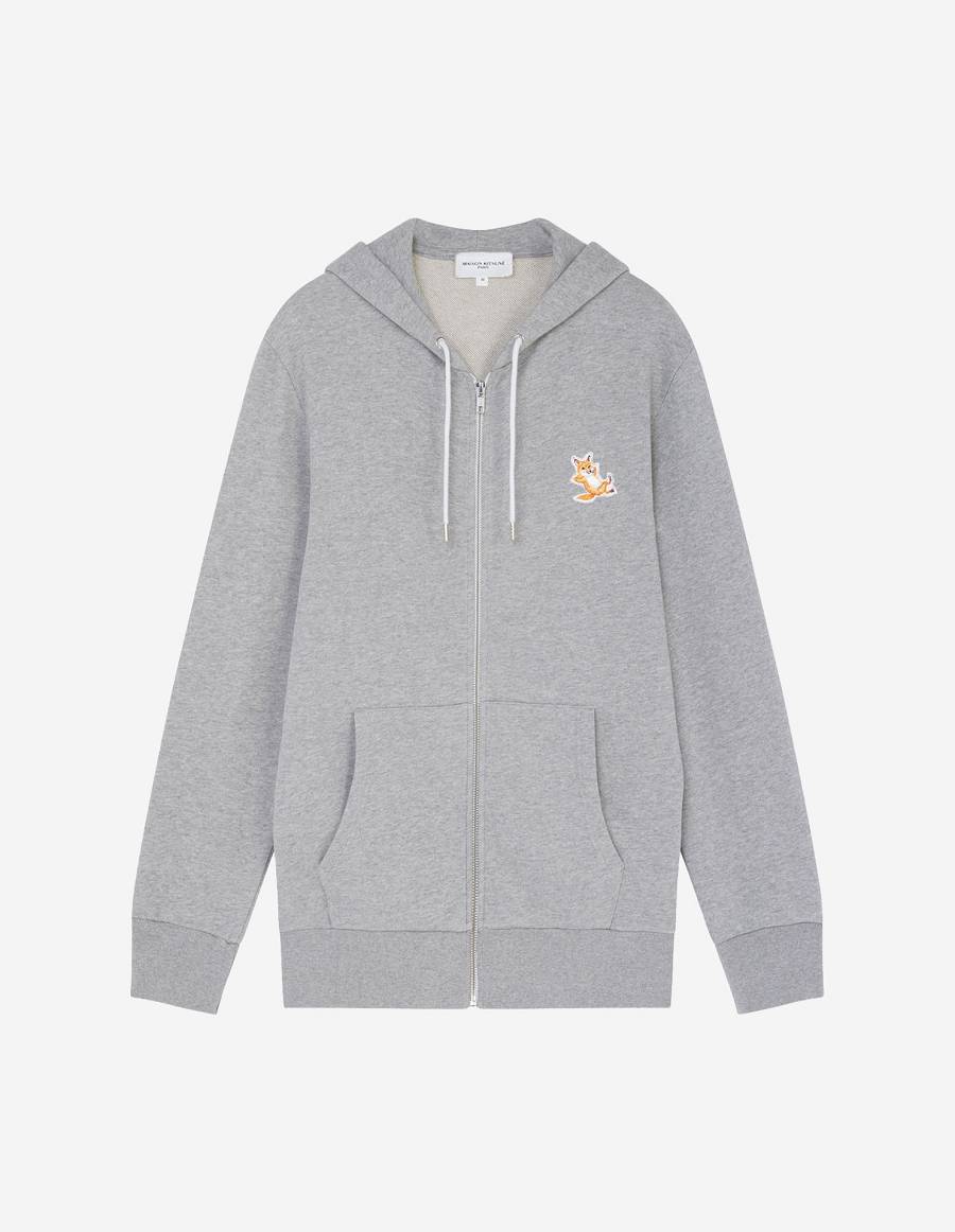 Grey Men\'s Maison Kitsune Chillax Fox Patch Zipped Hoodies | AU-Y0817