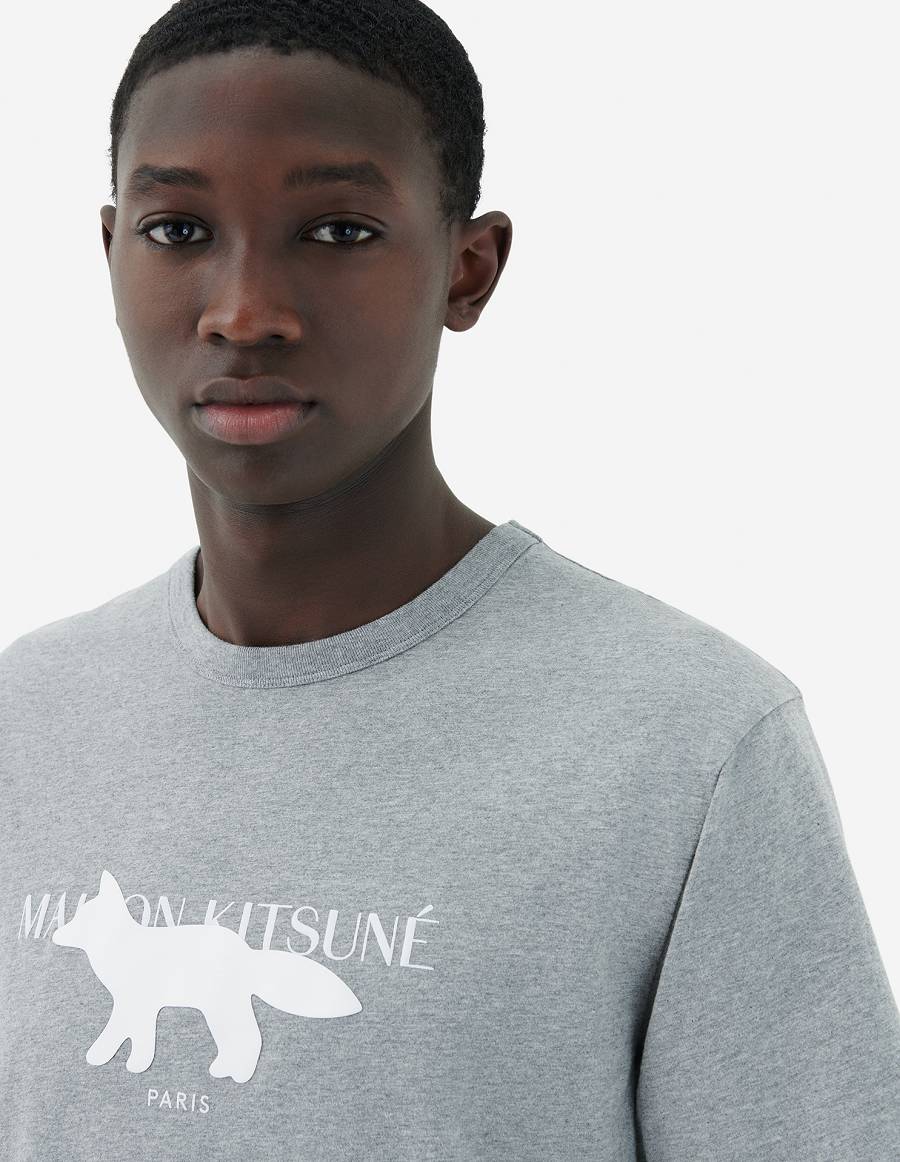 Grey Men's Maison Kitsune Fox Stamp Classic T Shirts | AU-O1247